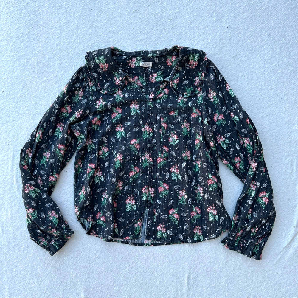 Pilcro Anthropologie Collared Pin Tuck Blouse Women's Size L Black Floral Print